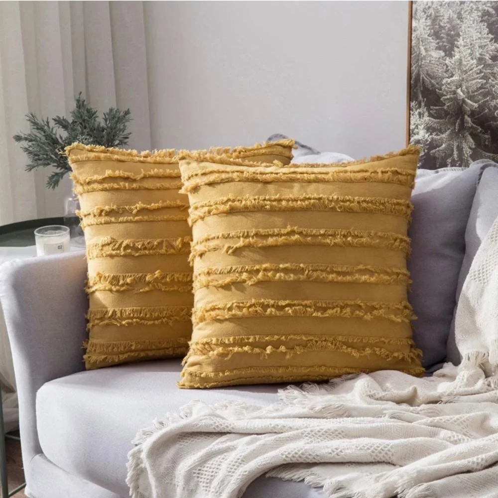 Luxury Home | Oversized Mustard Boho Frayed Edge Striped Jaquard Pillow Covers